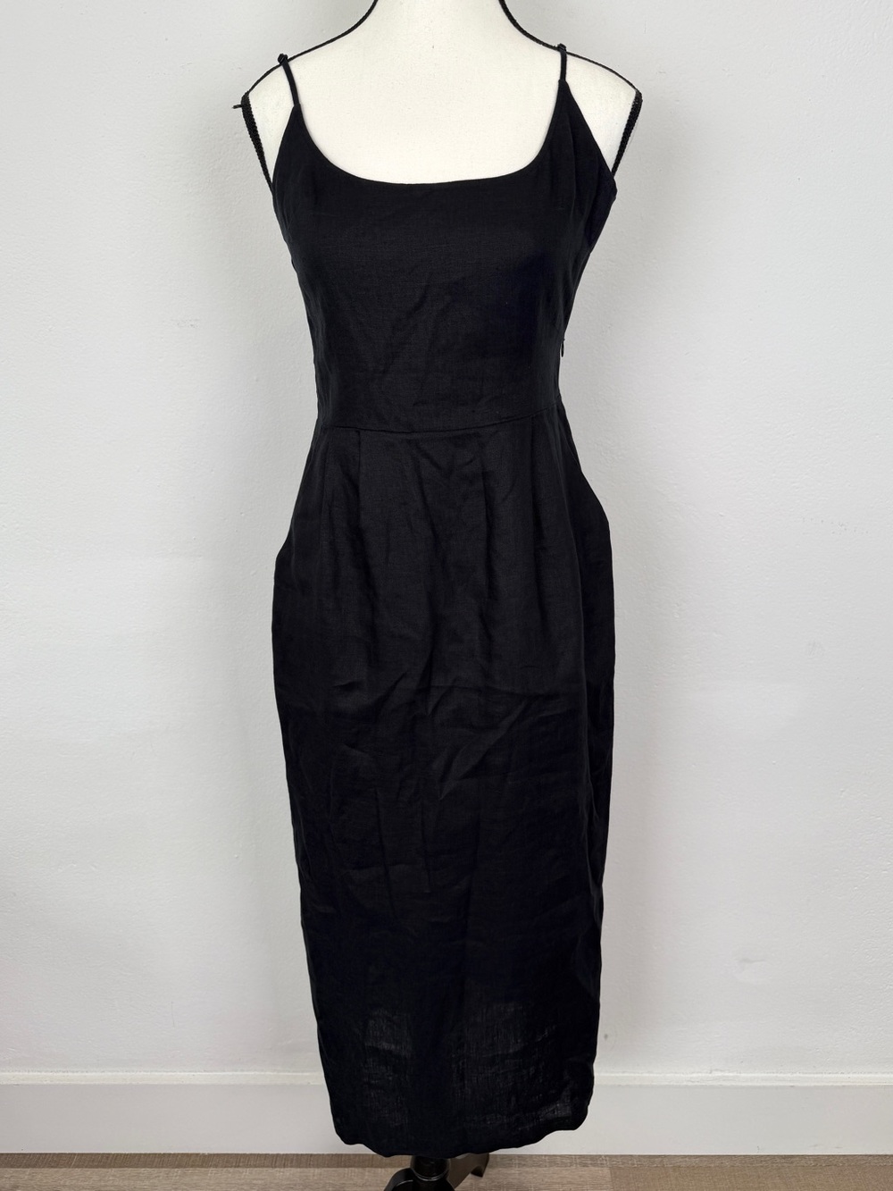 Quince Size XS Black 100% European Linen Scoop Neck Midi Dress